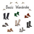 Set about a basic wardrobe. For work, leisure, shopping, travel, holidays. Boots  shoes sneakers  boots heels. Vector isolated ima Royalty Free Stock Photo